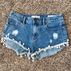 Bullhead Blue Distressed Denim Pom-Pom Trim High-Rise Shorts